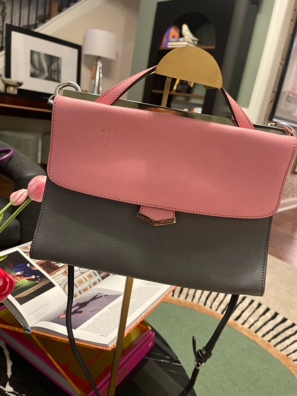 Fendi Colorblock Leather Top Handle Satchel Pink Grey Red w Black Crossbody
